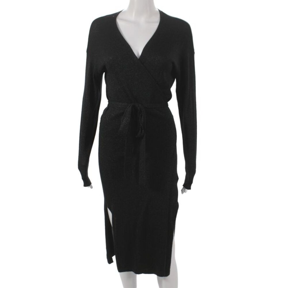 Lovers + Friends Womens Sweater Dress Black V Neck Long Sleeve Tie Size M